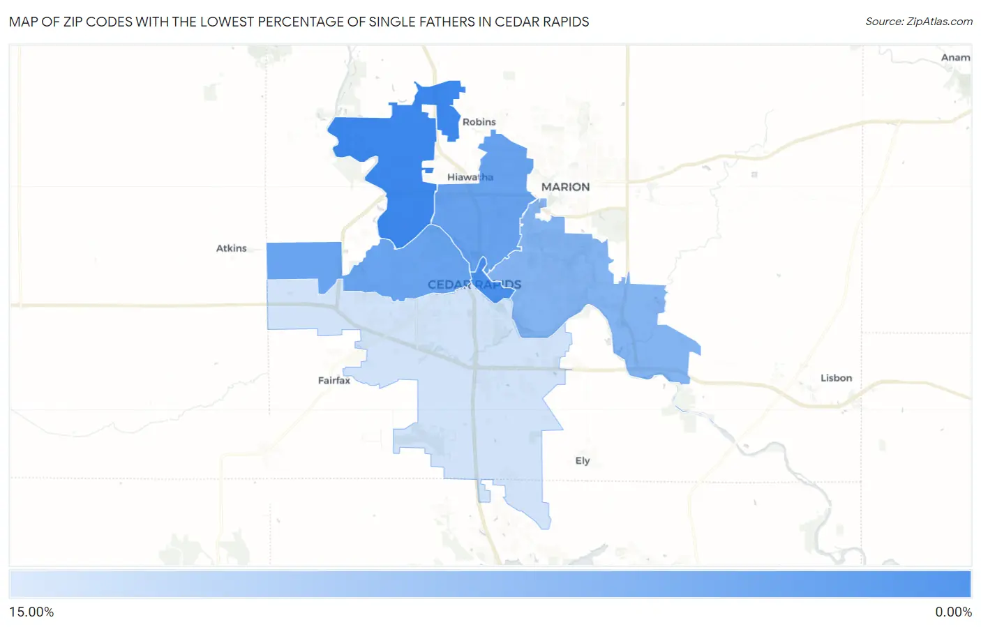 Zip Codes with the Lowest Percentage of Single Fathers in Cedar Rapids Map