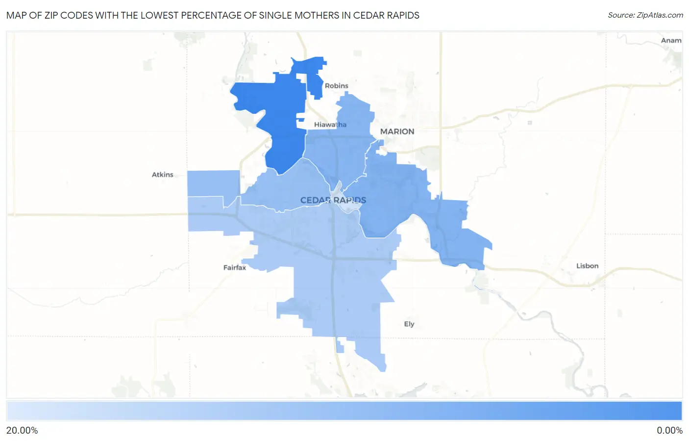 Zip Codes with the Lowest Percentage of Single Mothers in Cedar Rapids Map