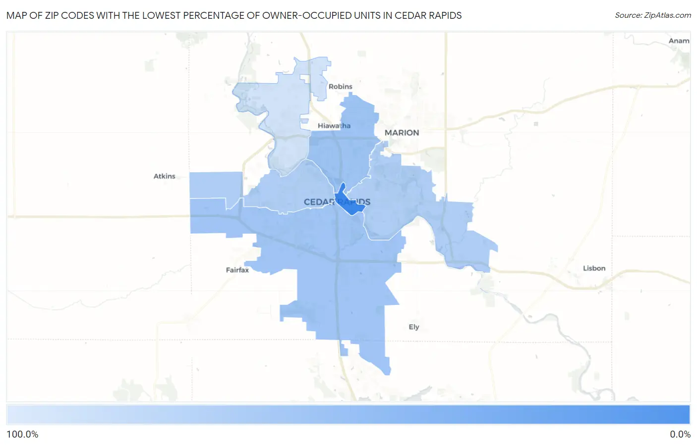 Zip Codes with the Lowest Percentage of Owner-Occupied Units in Cedar Rapids Map