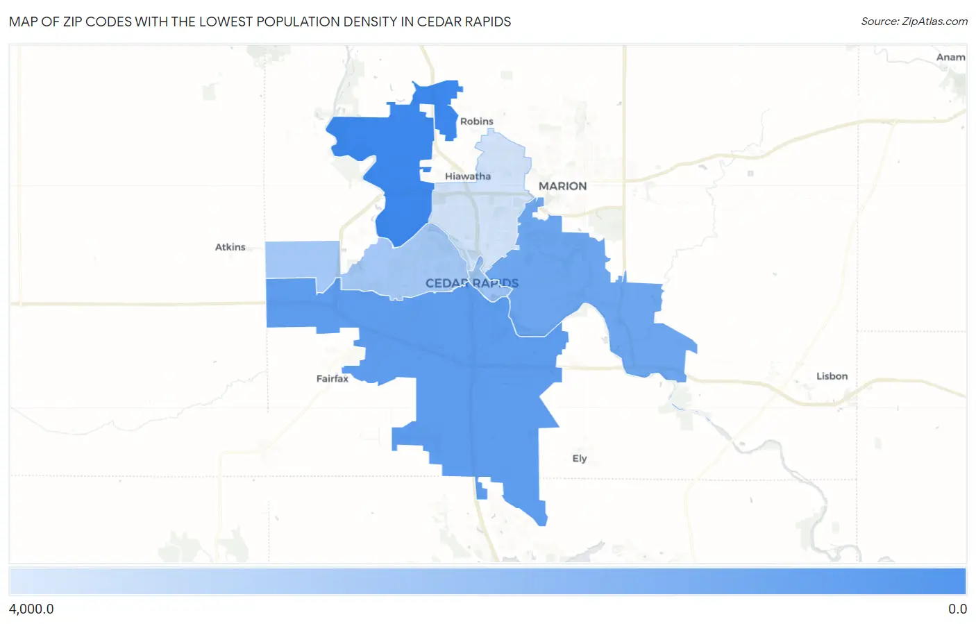 Zip Codes with the Lowest Population Density in Cedar Rapids Map