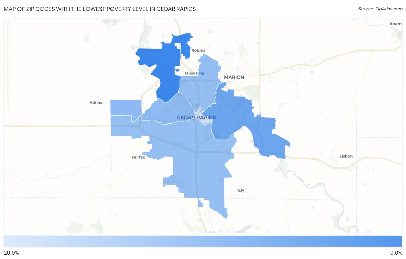 Zip Codes with the Lowest Poverty Level in Cedar Rapids Map