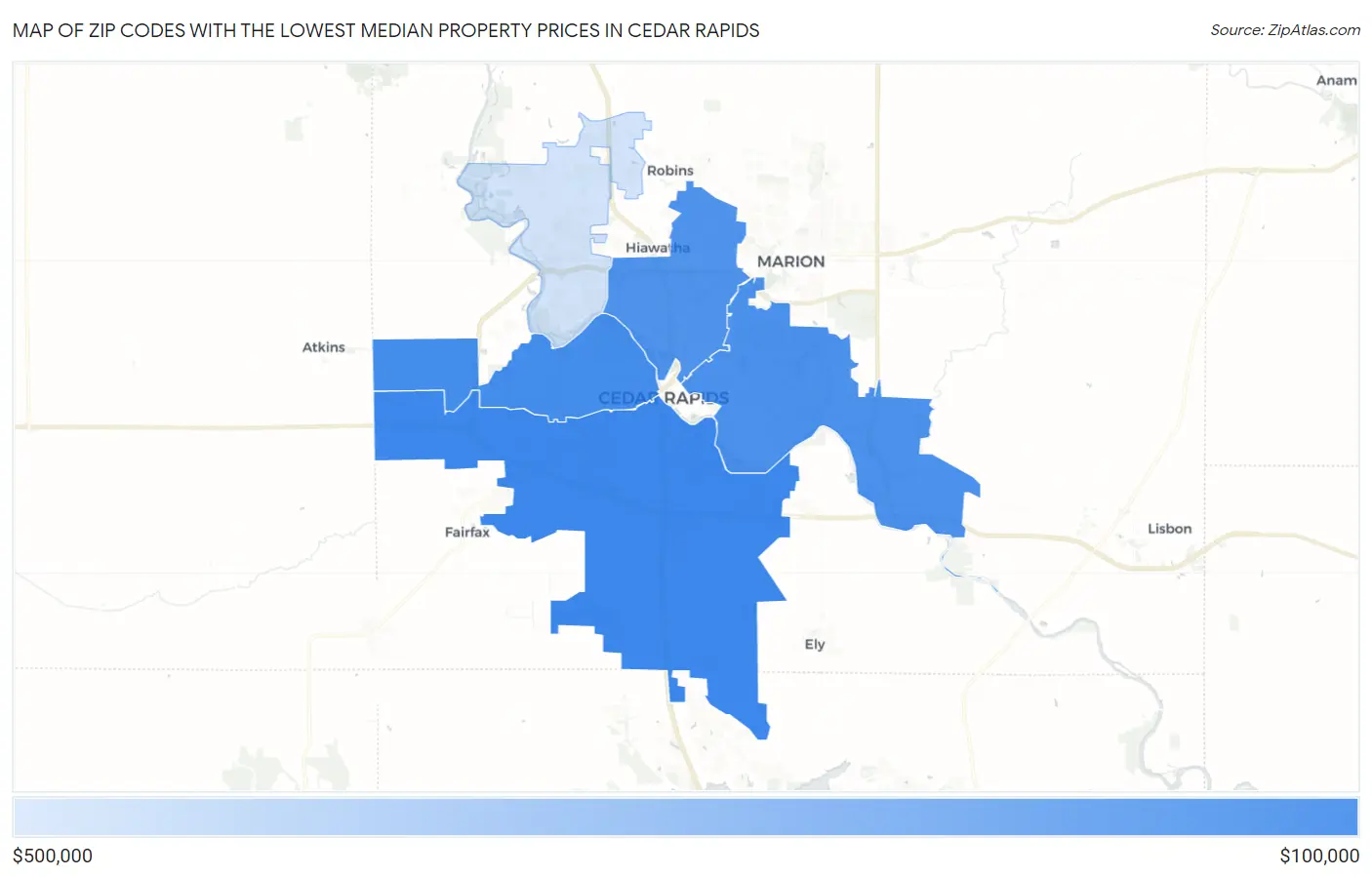 Zip Codes with the Lowest Median Property Prices in Cedar Rapids Map