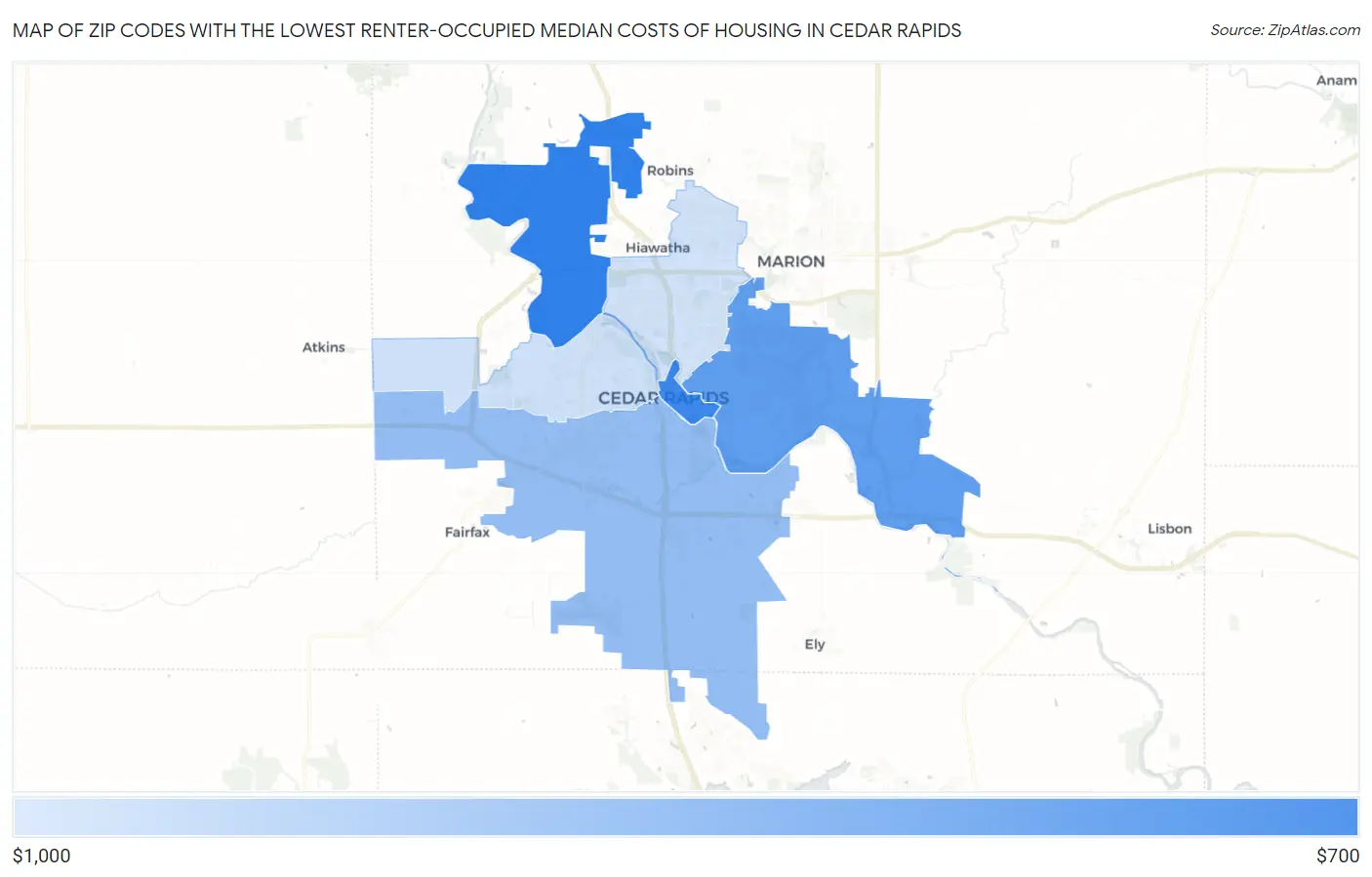 Zip Codes with the Lowest Renter-Occupied Median Costs of Housing in Cedar Rapids Map