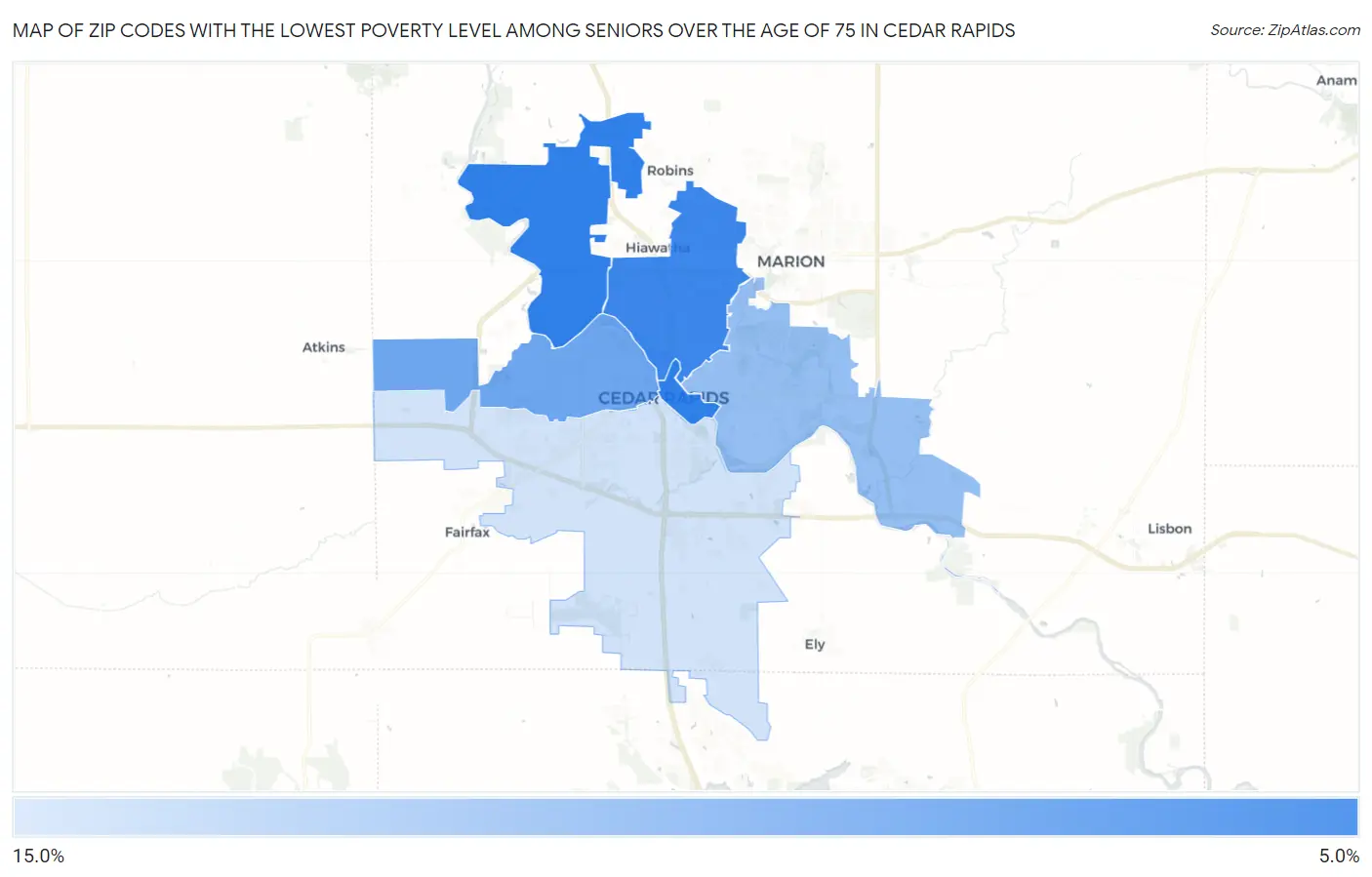 Zip Codes with the Lowest Poverty Level Among Seniors Over the Age of 75 in Cedar Rapids Map