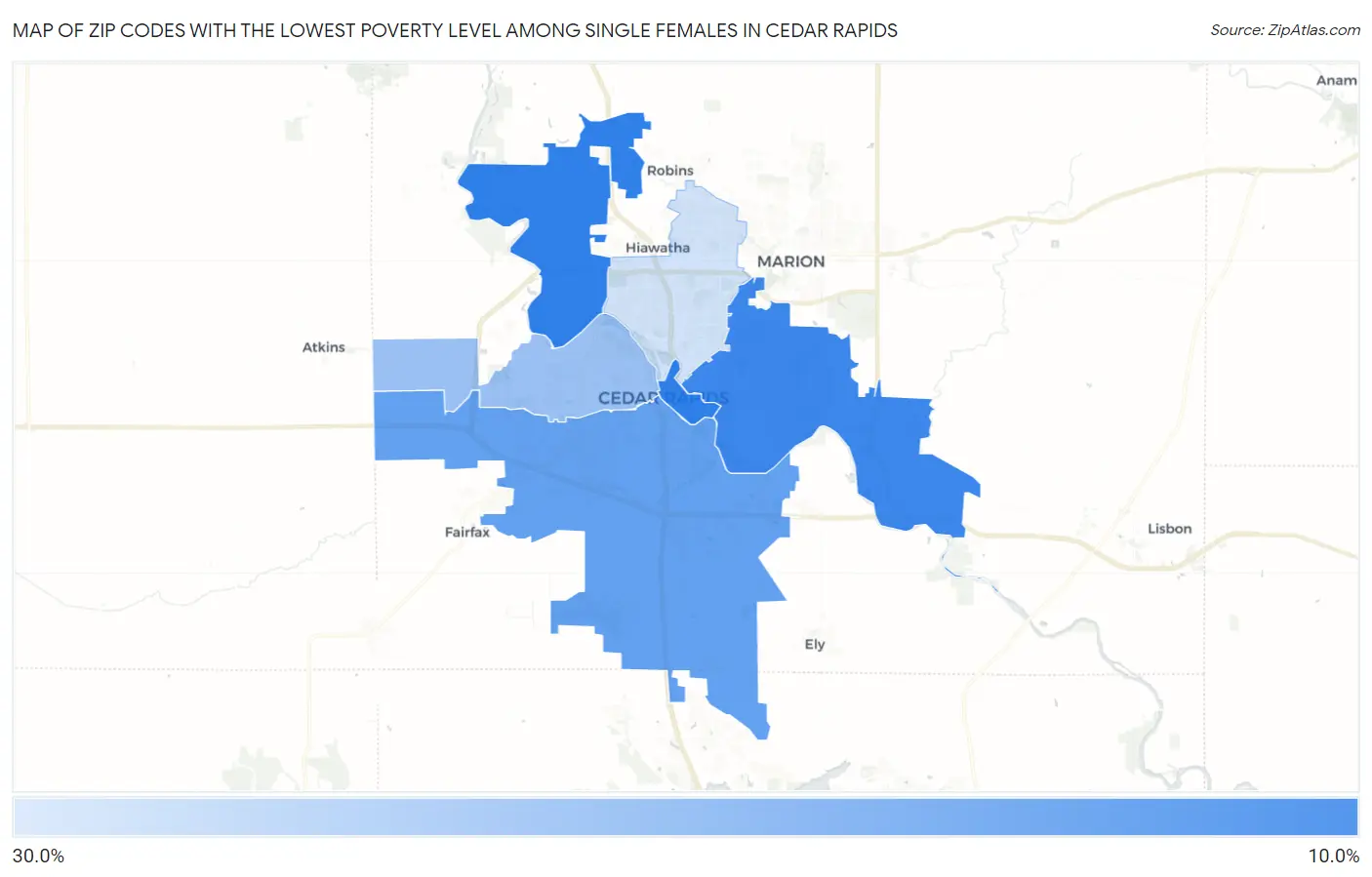 Zip Codes with the Lowest Poverty Level Among Single Females in Cedar Rapids Map