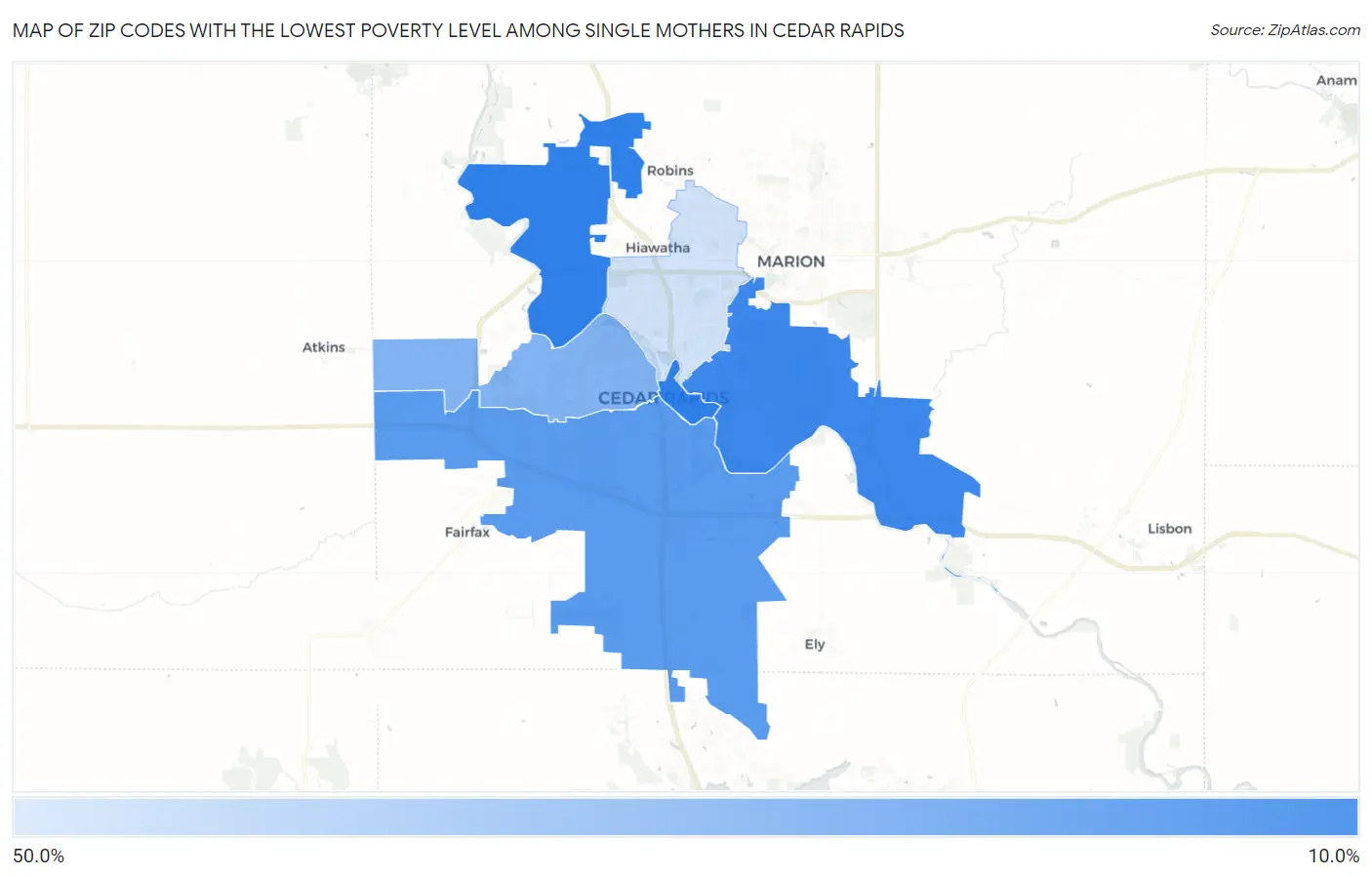 Zip Codes with the Lowest Poverty Level Among Single Mothers in Cedar Rapids Map