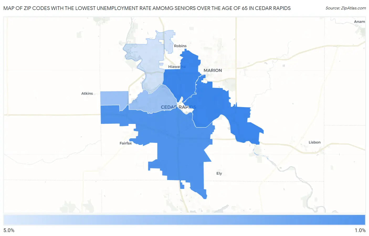 Zip Codes with the Lowest Unemployment Rate Amomg Seniors Over the Age of 65 in Cedar Rapids Map