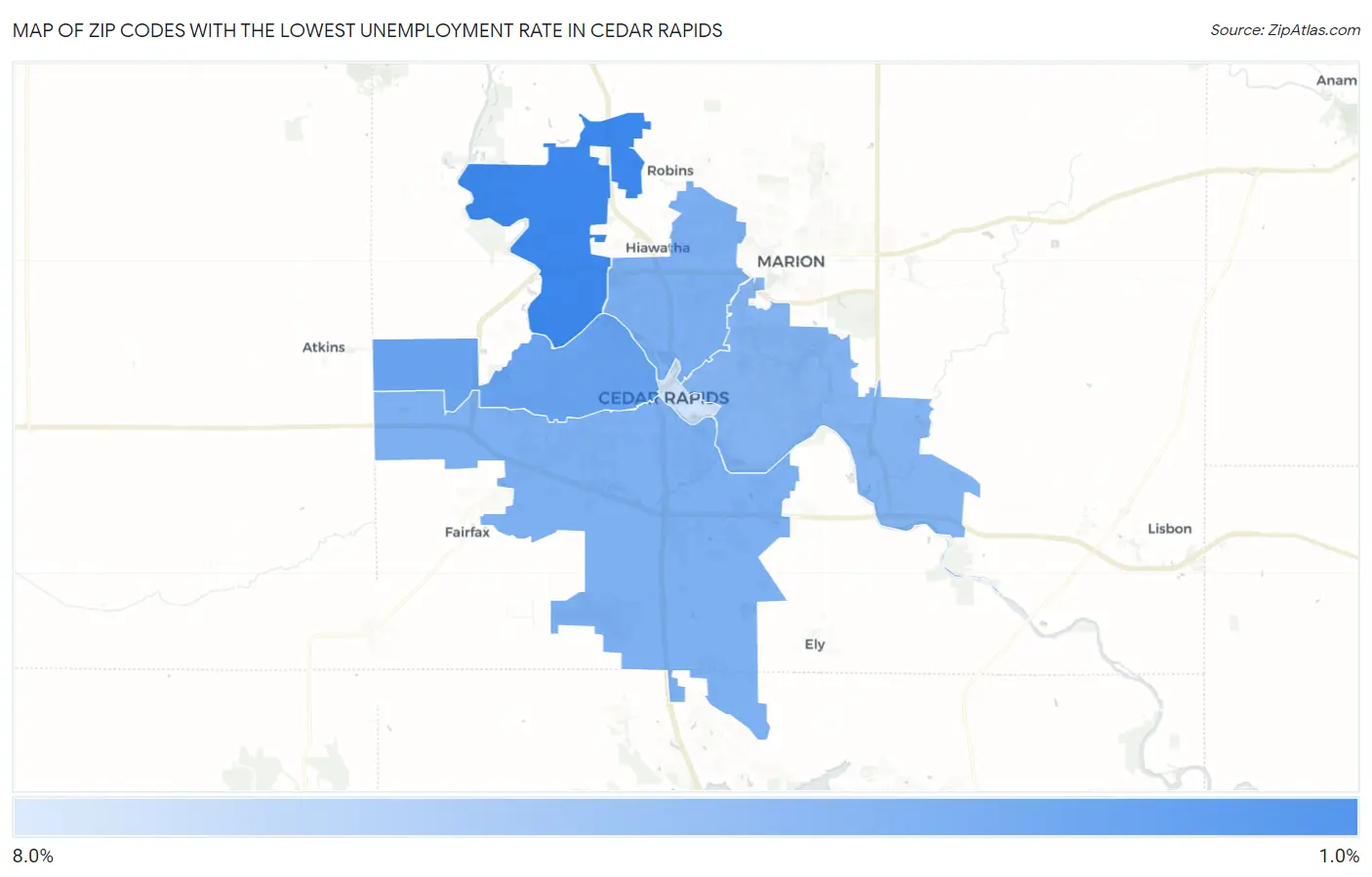 Zip Codes with the Lowest Unemployment Rate in Cedar Rapids Map