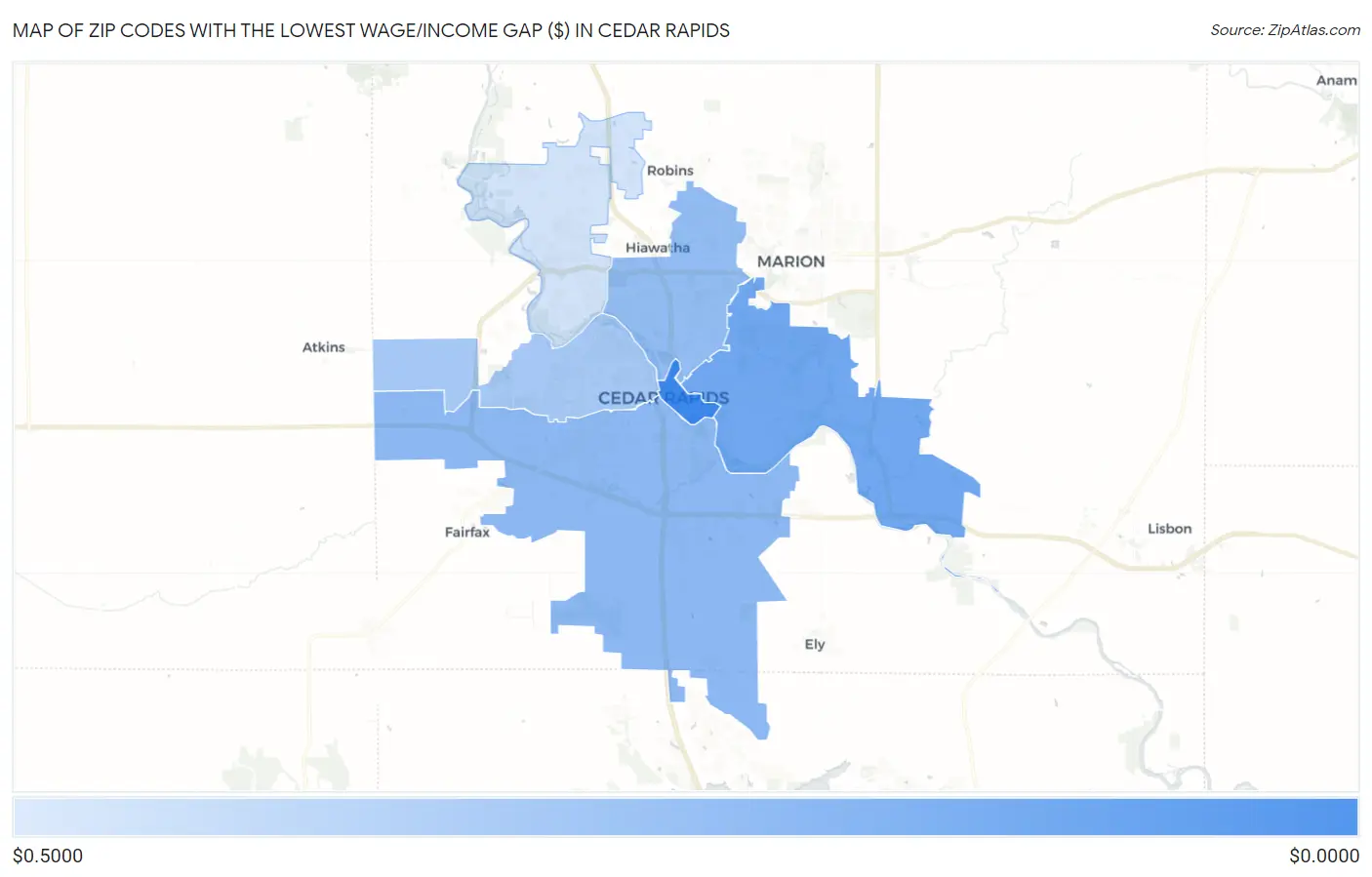 Zip Codes with the Lowest Wage/Income Gap ($) in Cedar Rapids Map