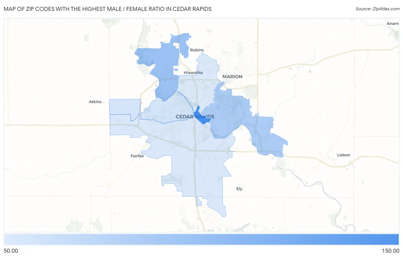Zip Codes with the Highest Male / Female Ratio in Cedar Rapids Map