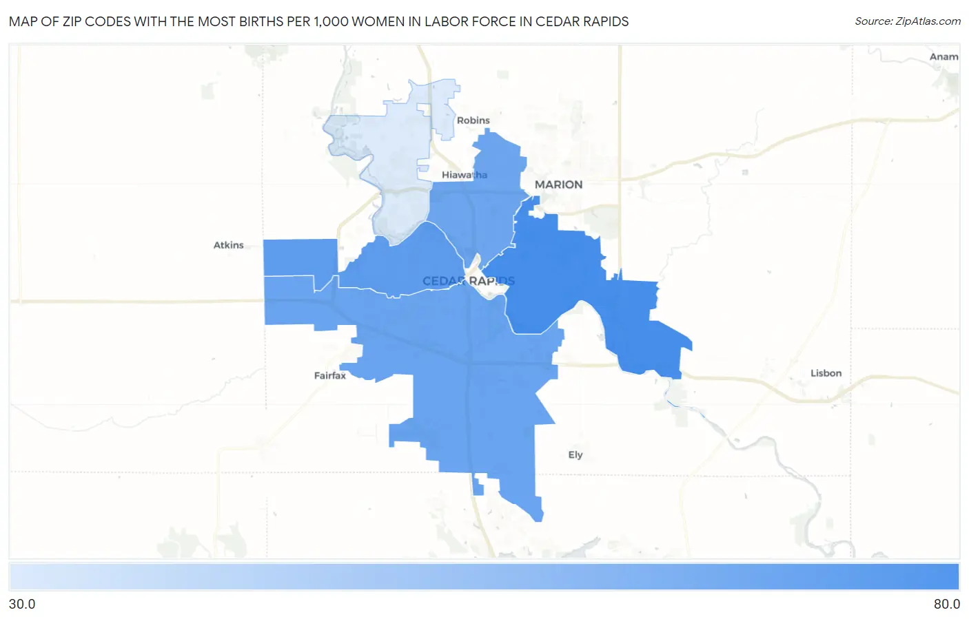 Zip Codes with the Most Births per 1,000 Women in Labor Force in Cedar Rapids Map