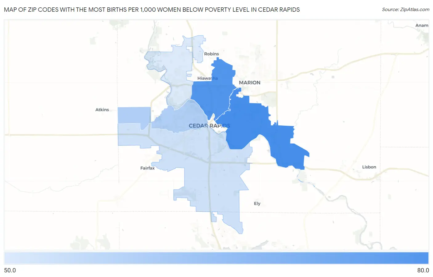 Zip Codes with the Most Births per 1,000 Women Below Poverty Level in Cedar Rapids Map