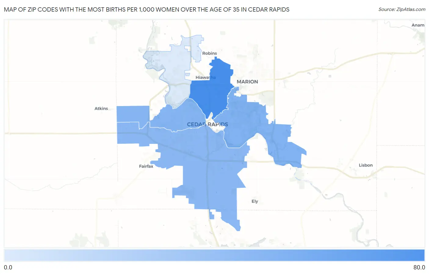 Zip Codes with the Most Births per 1,000 Women Over the Age of 35 in Cedar Rapids Map