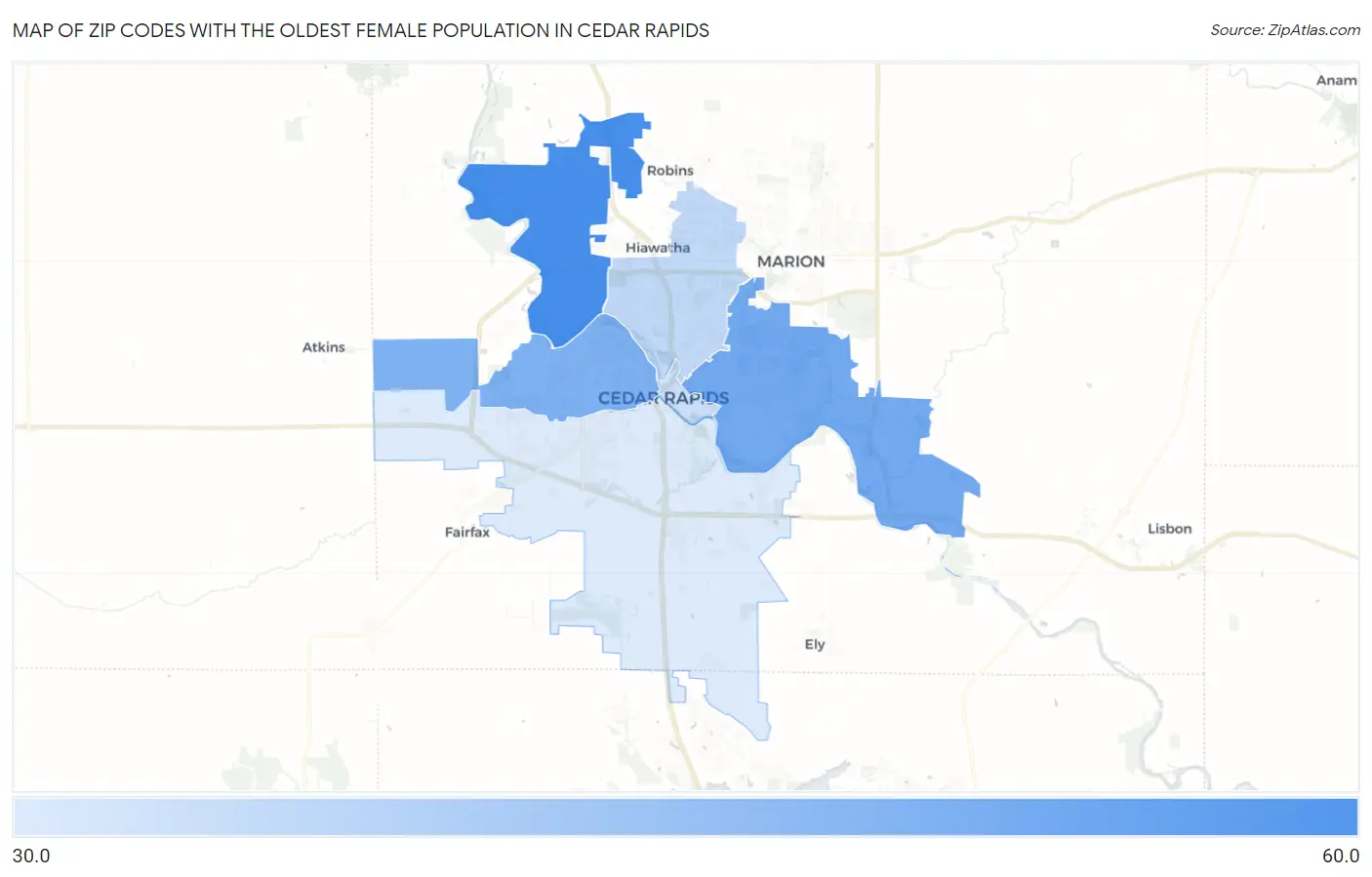 Zip Codes with the Oldest Female Population in Cedar Rapids Map
