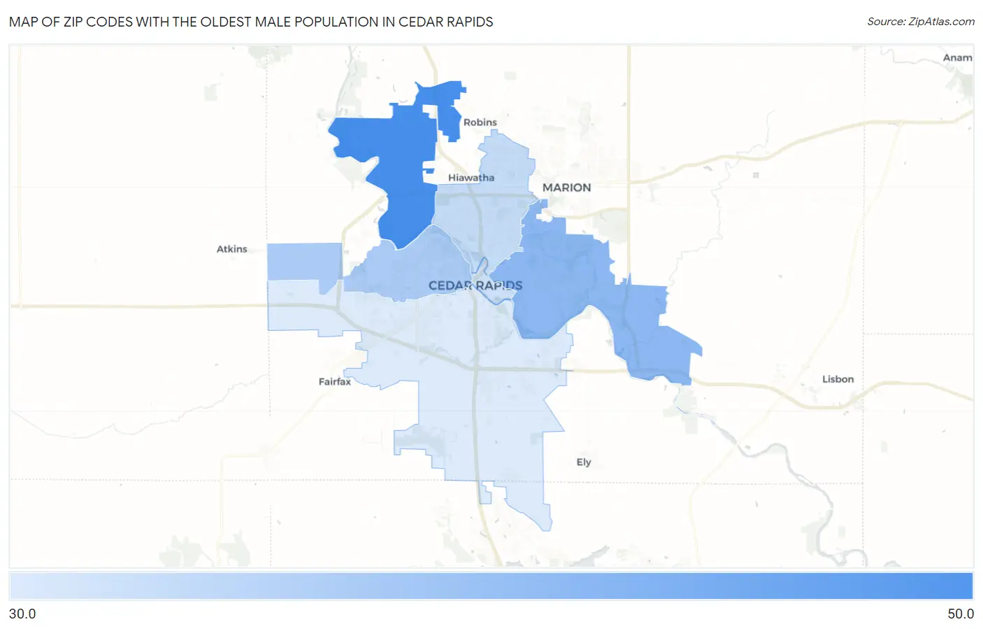 Zip Codes with the Oldest Male Population in Cedar Rapids Map