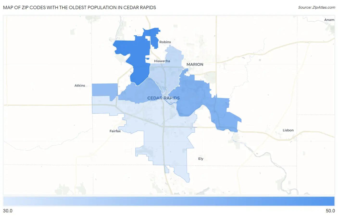 Zip Codes with the Oldest Population in Cedar Rapids Map