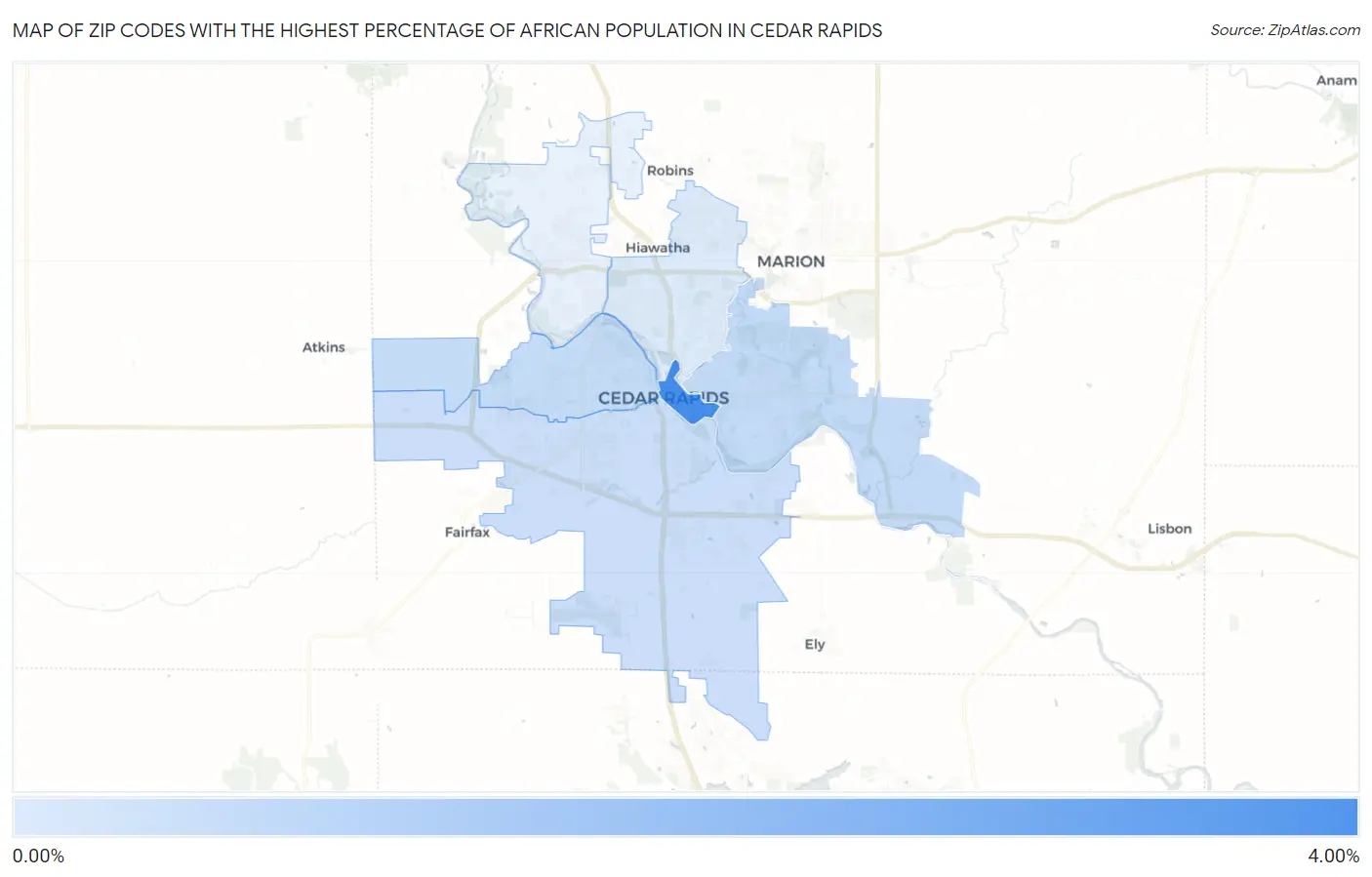 Zip Codes with the Highest Percentage of African Population in Cedar Rapids Map