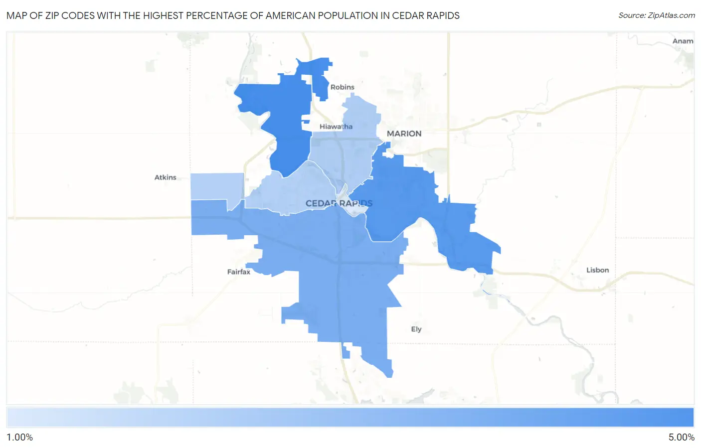 Zip Codes with the Highest Percentage of American Population in Cedar Rapids Map