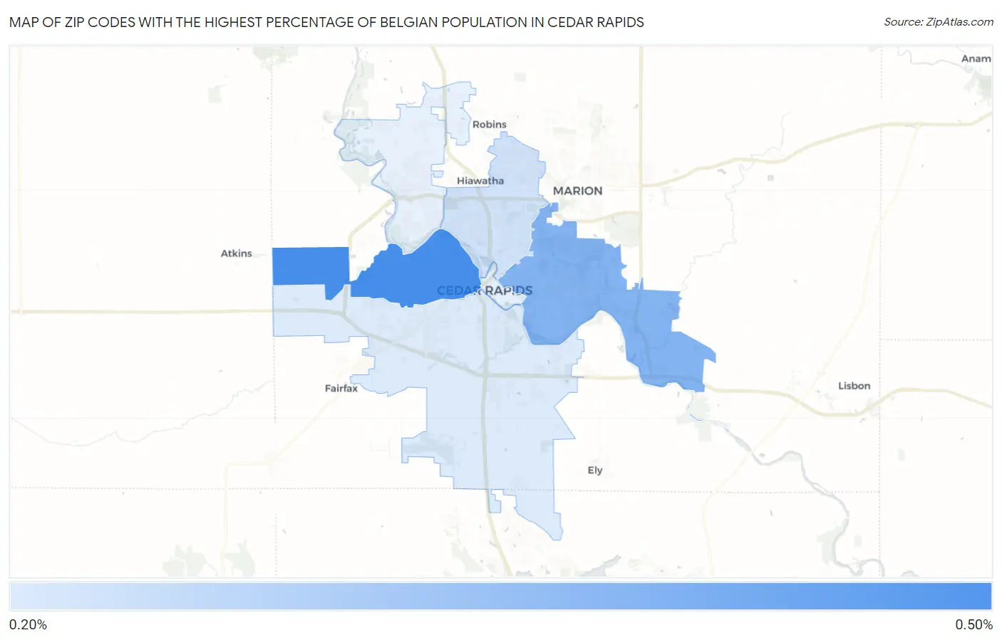Zip Codes with the Highest Percentage of Belgian Population in Cedar Rapids Map