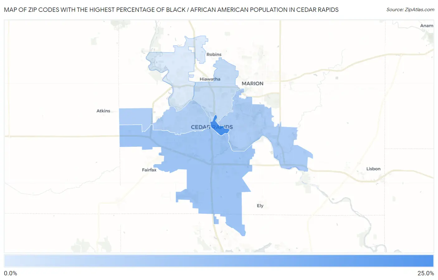 Zip Codes with the Highest Percentage of Black / African American Population in Cedar Rapids Map