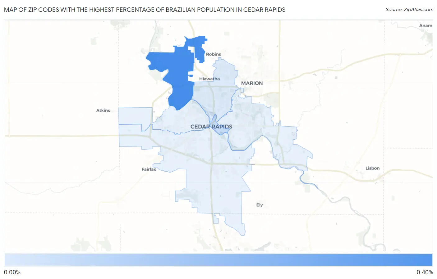 Zip Codes with the Highest Percentage of Brazilian Population in Cedar Rapids Map
