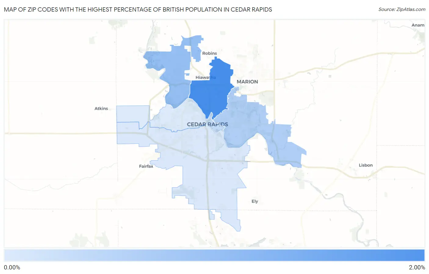 Zip Codes with the Highest Percentage of British Population in Cedar Rapids Map