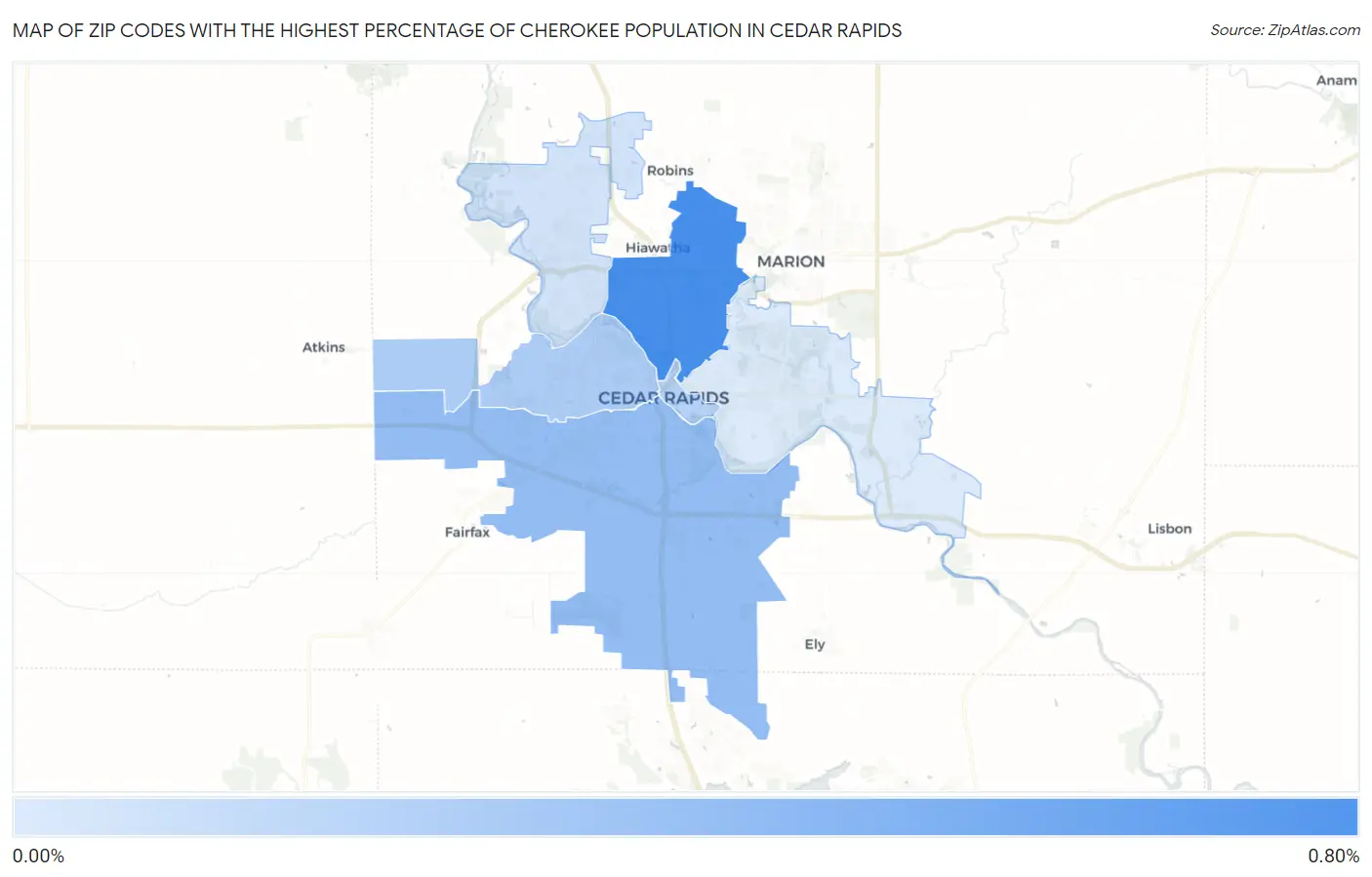 Zip Codes with the Highest Percentage of Cherokee Population in Cedar Rapids Map