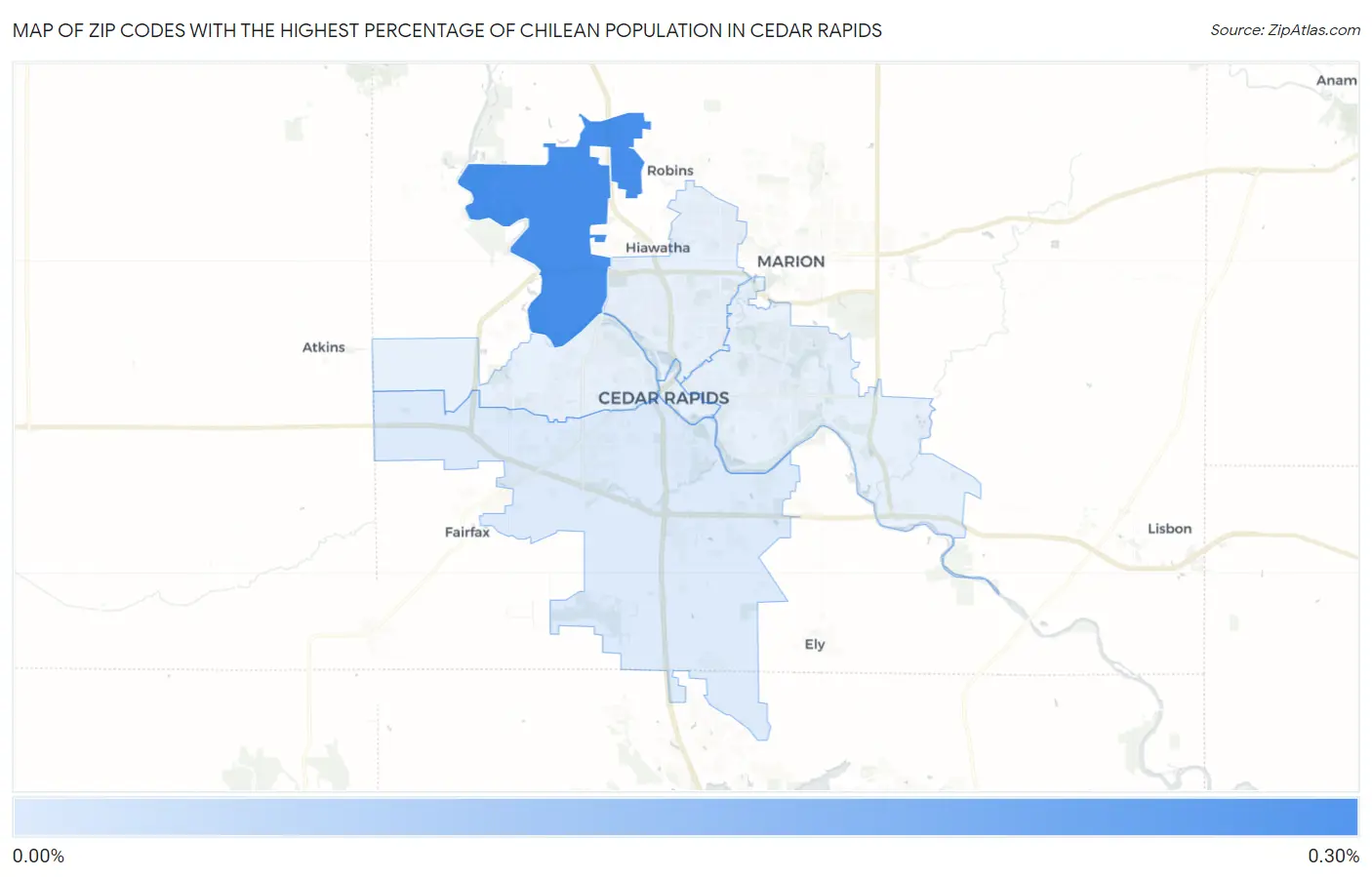 Zip Codes with the Highest Percentage of Chilean Population in Cedar Rapids Map