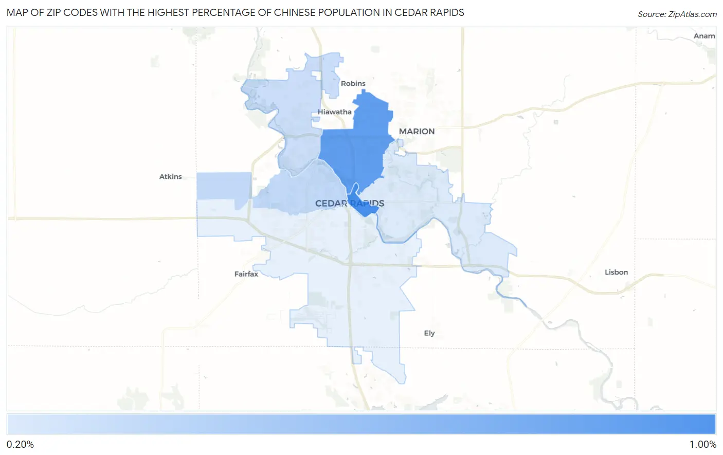 Zip Codes with the Highest Percentage of Chinese Population in Cedar Rapids Map