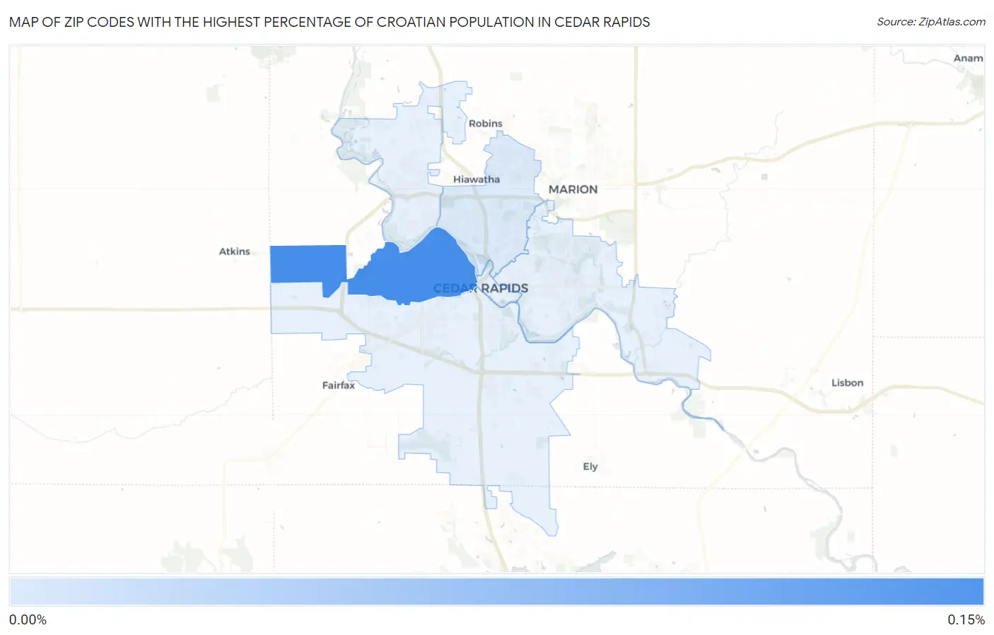 Zip Codes with the Highest Percentage of Croatian Population in Cedar Rapids Map