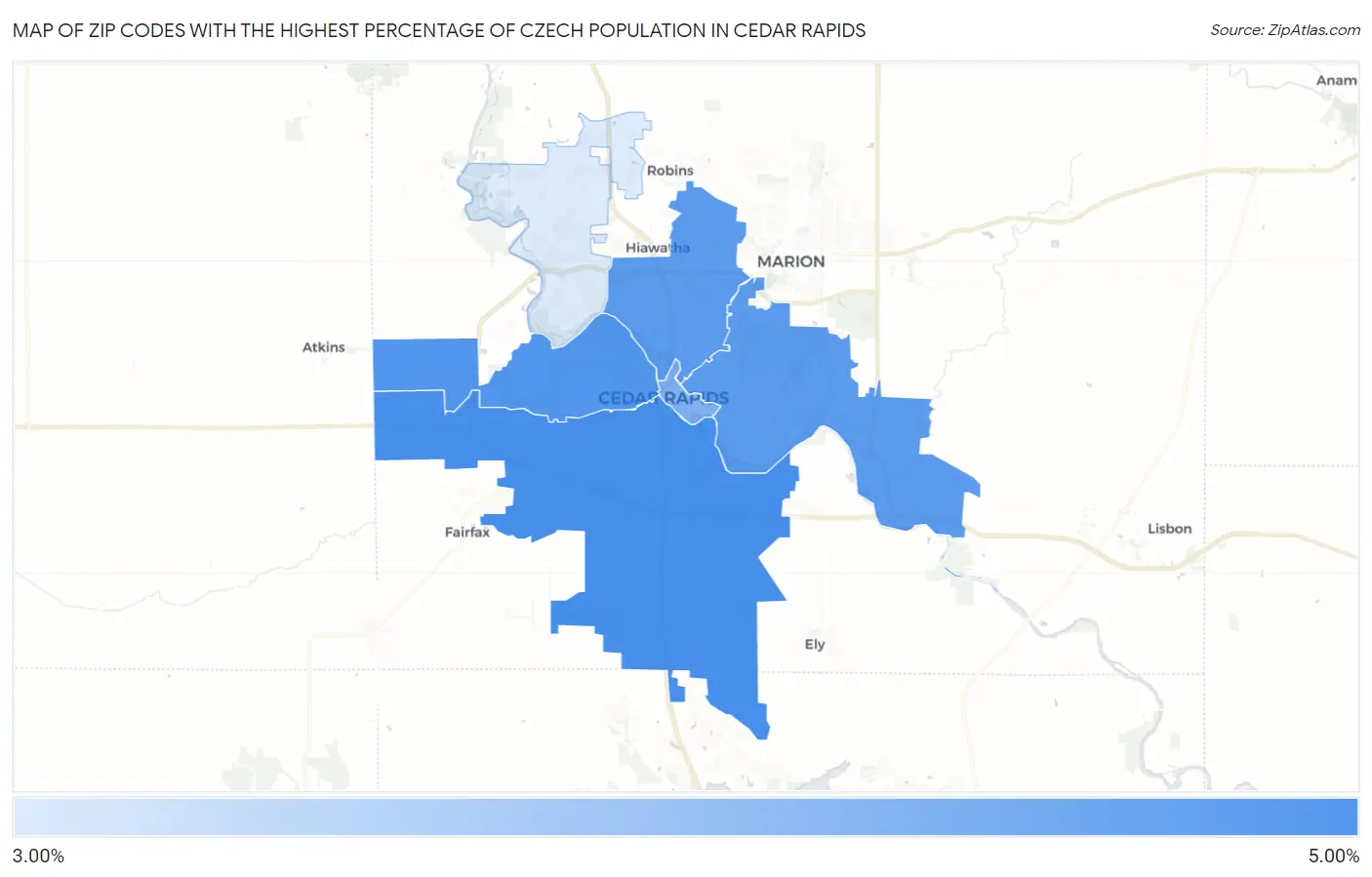 Zip Codes with the Highest Percentage of Czech Population in Cedar Rapids Map