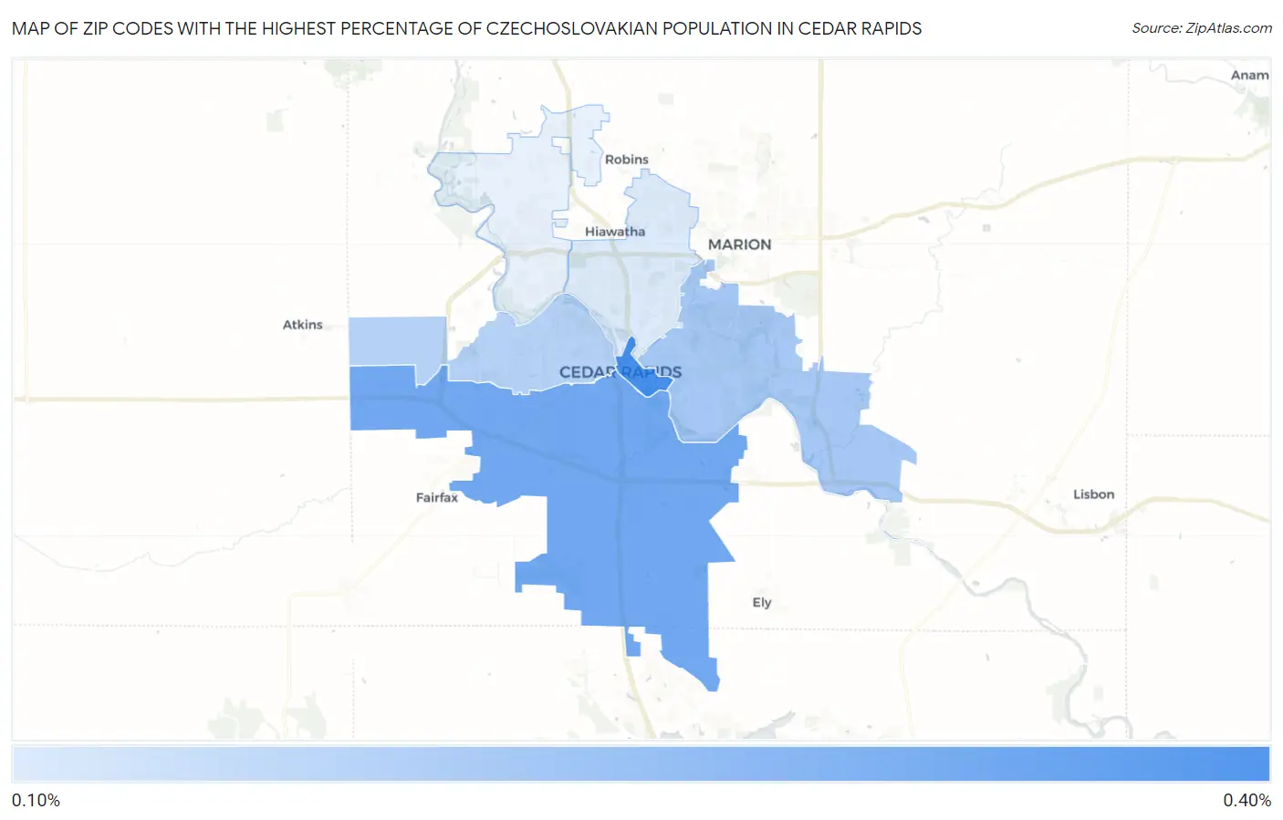Zip Codes with the Highest Percentage of Czechoslovakian Population in Cedar Rapids Map