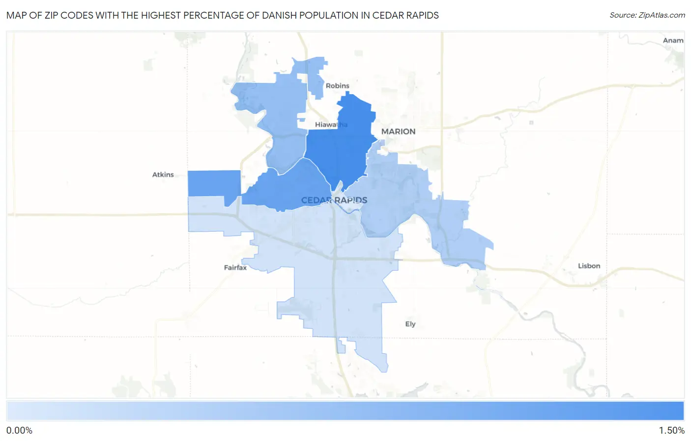 Zip Codes with the Highest Percentage of Danish Population in Cedar Rapids Map