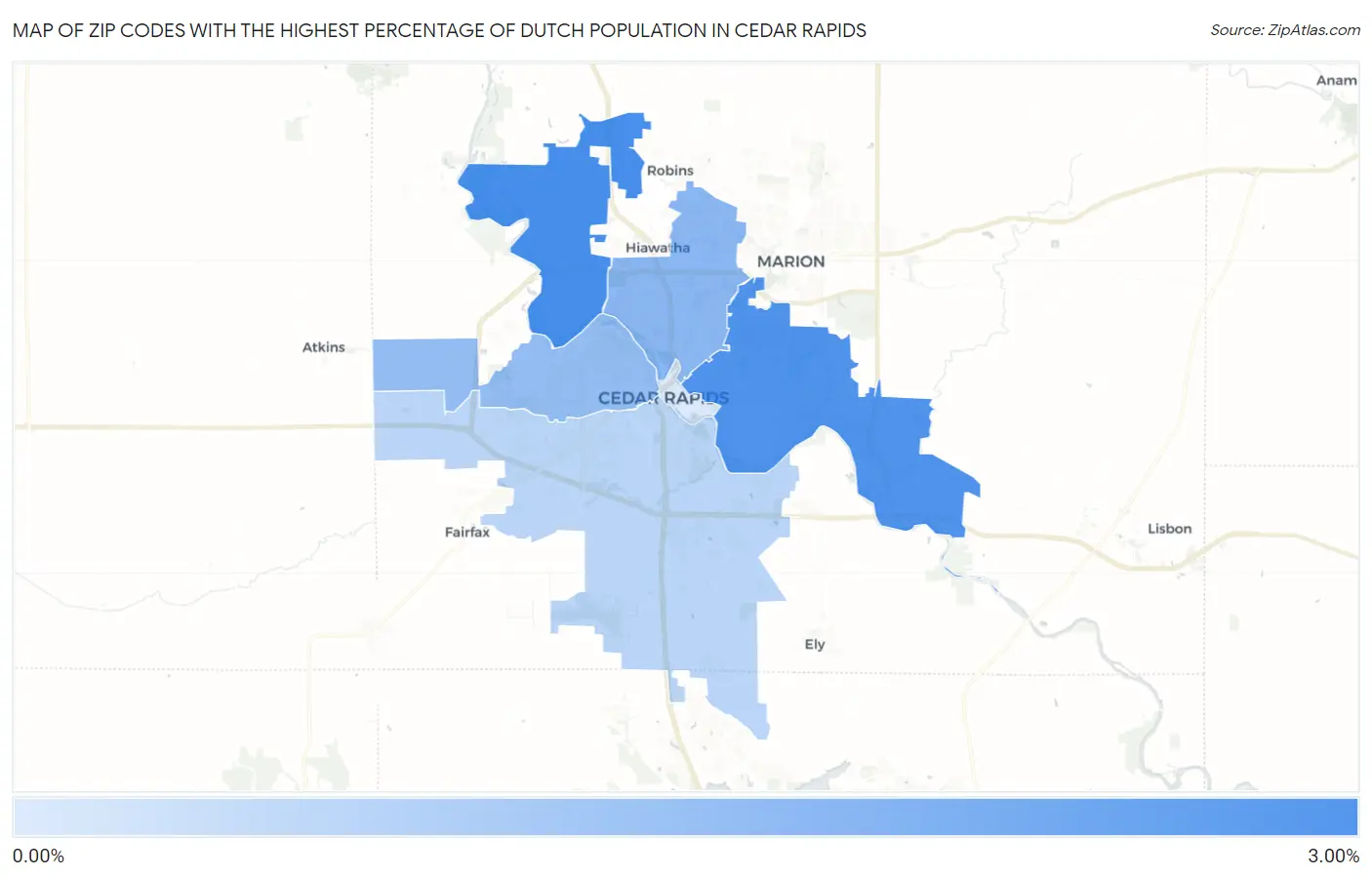 Zip Codes with the Highest Percentage of Dutch Population in Cedar Rapids Map