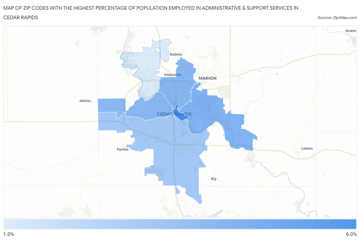 Zip Codes with the Highest Percentage of Population Employed in Administrative & Support Services in Cedar Rapids Map