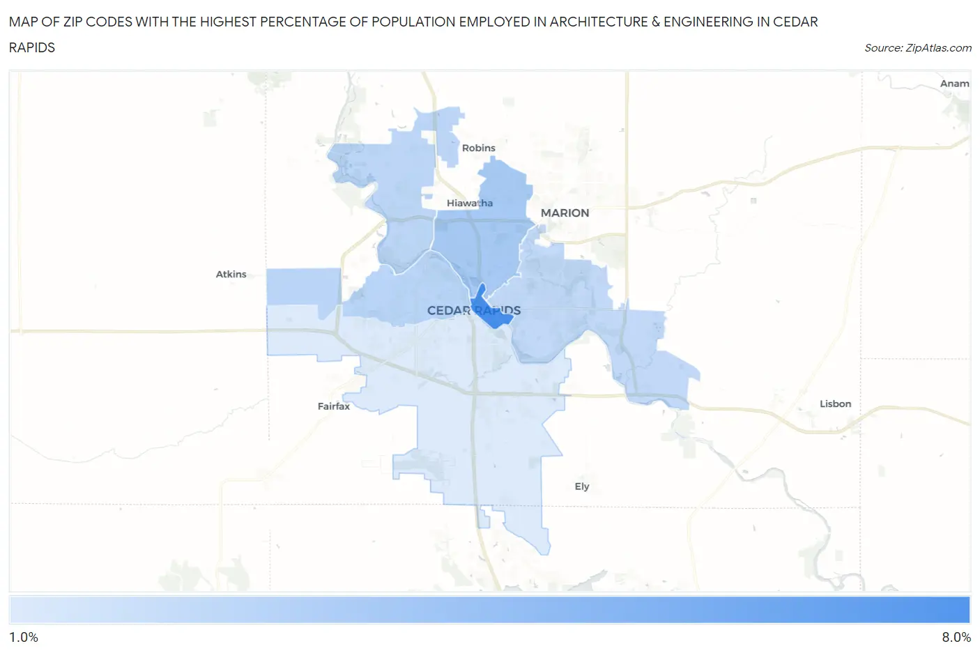 Zip Codes with the Highest Percentage of Population Employed in Architecture & Engineering in Cedar Rapids Map