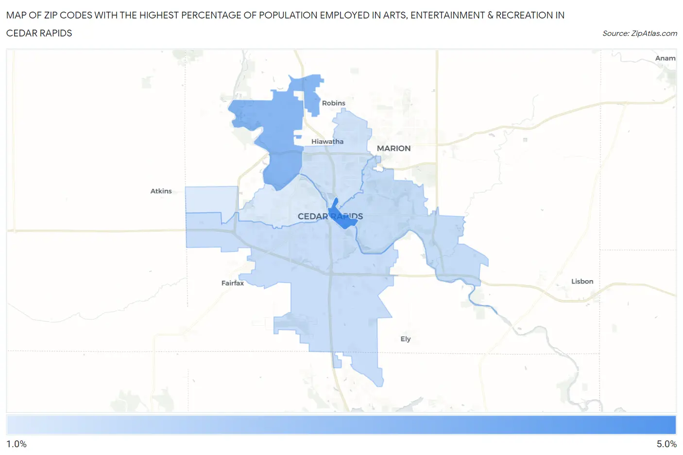 Zip Codes with the Highest Percentage of Population Employed in Arts, Entertainment & Recreation in Cedar Rapids Map
