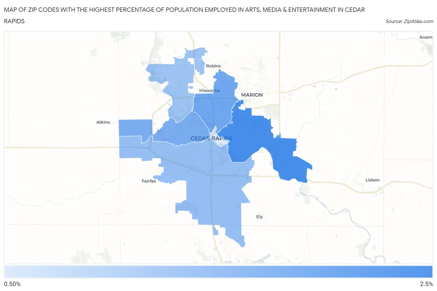 Zip Codes with the Highest Percentage of Population Employed in Arts, Media & Entertainment in Cedar Rapids Map