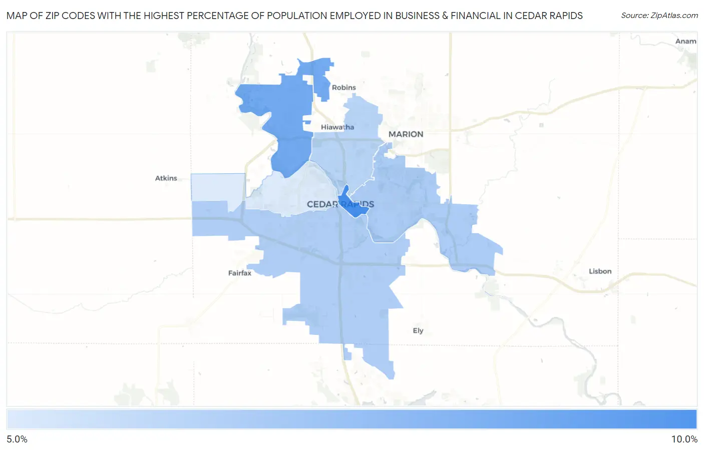 Zip Codes with the Highest Percentage of Population Employed in Business & Financial in Cedar Rapids Map