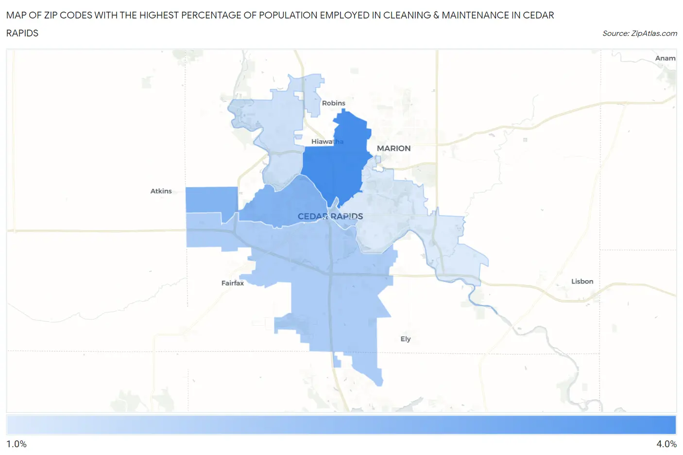 Zip Codes with the Highest Percentage of Population Employed in Cleaning & Maintenance in Cedar Rapids Map