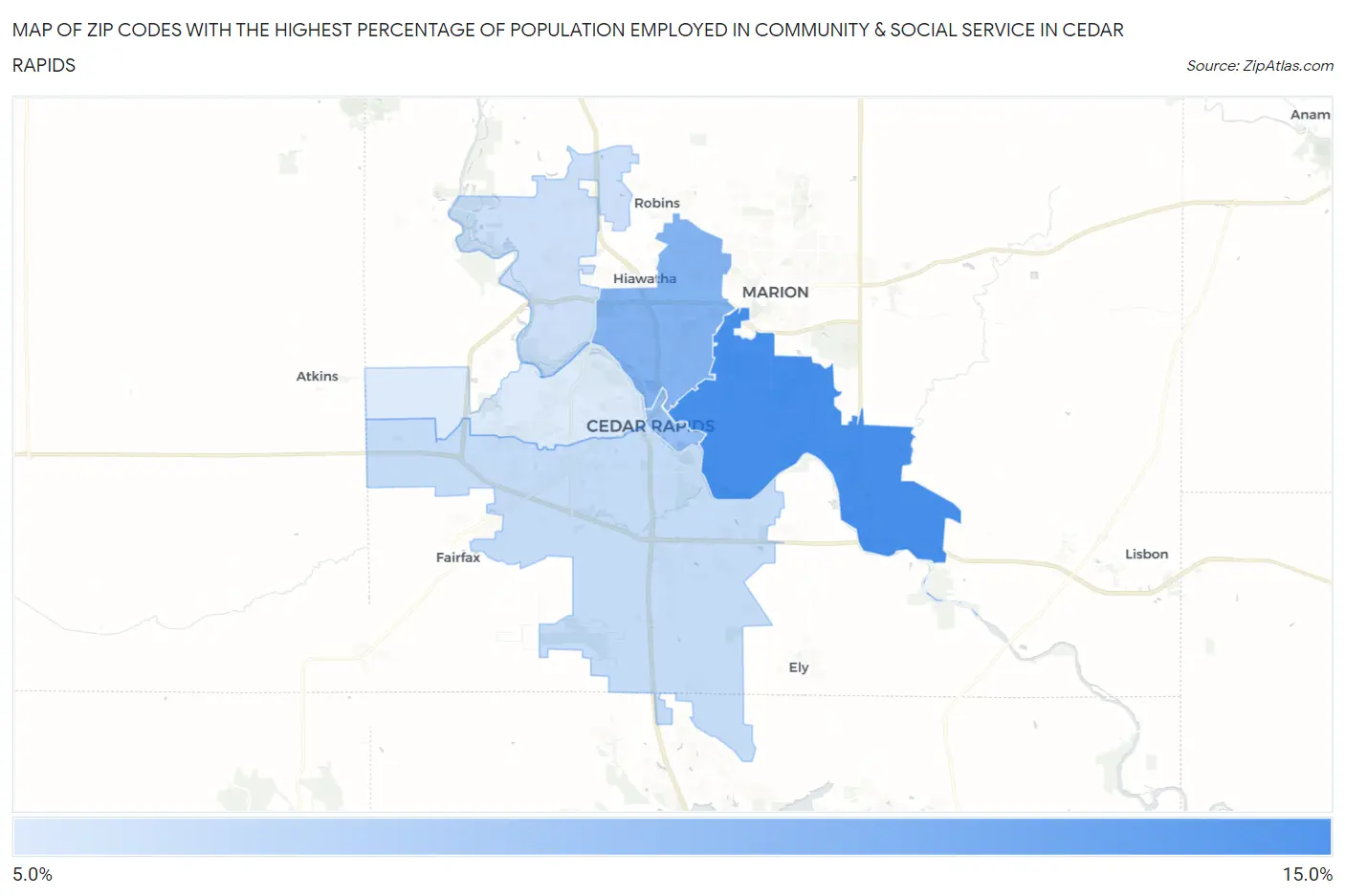 Zip Codes with the Highest Percentage of Population Employed in Community & Social Service  in Cedar Rapids Map