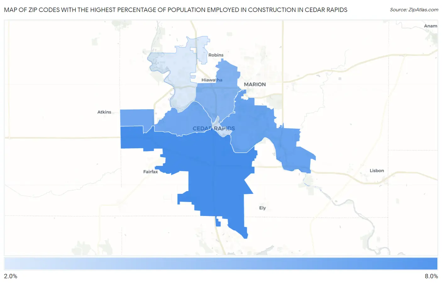 Zip Codes with the Highest Percentage of Population Employed in Construction in Cedar Rapids Map