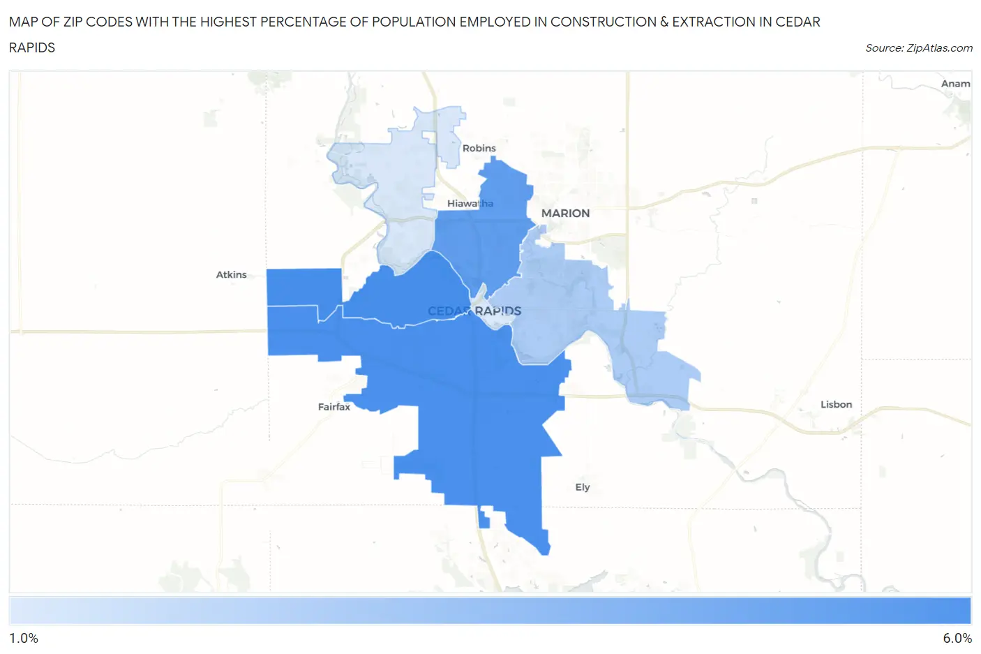 Zip Codes with the Highest Percentage of Population Employed in Construction & Extraction in Cedar Rapids Map