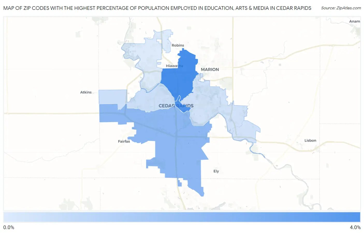 Zip Codes with the Highest Percentage of Population Employed in Education, Arts & Media in Cedar Rapids Map