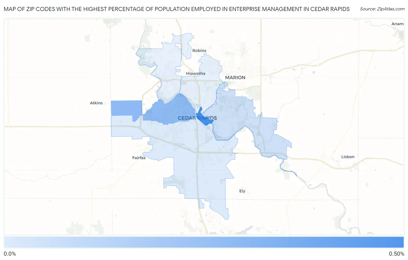 Zip Codes with the Highest Percentage of Population Employed in Enterprise Management in Cedar Rapids Map