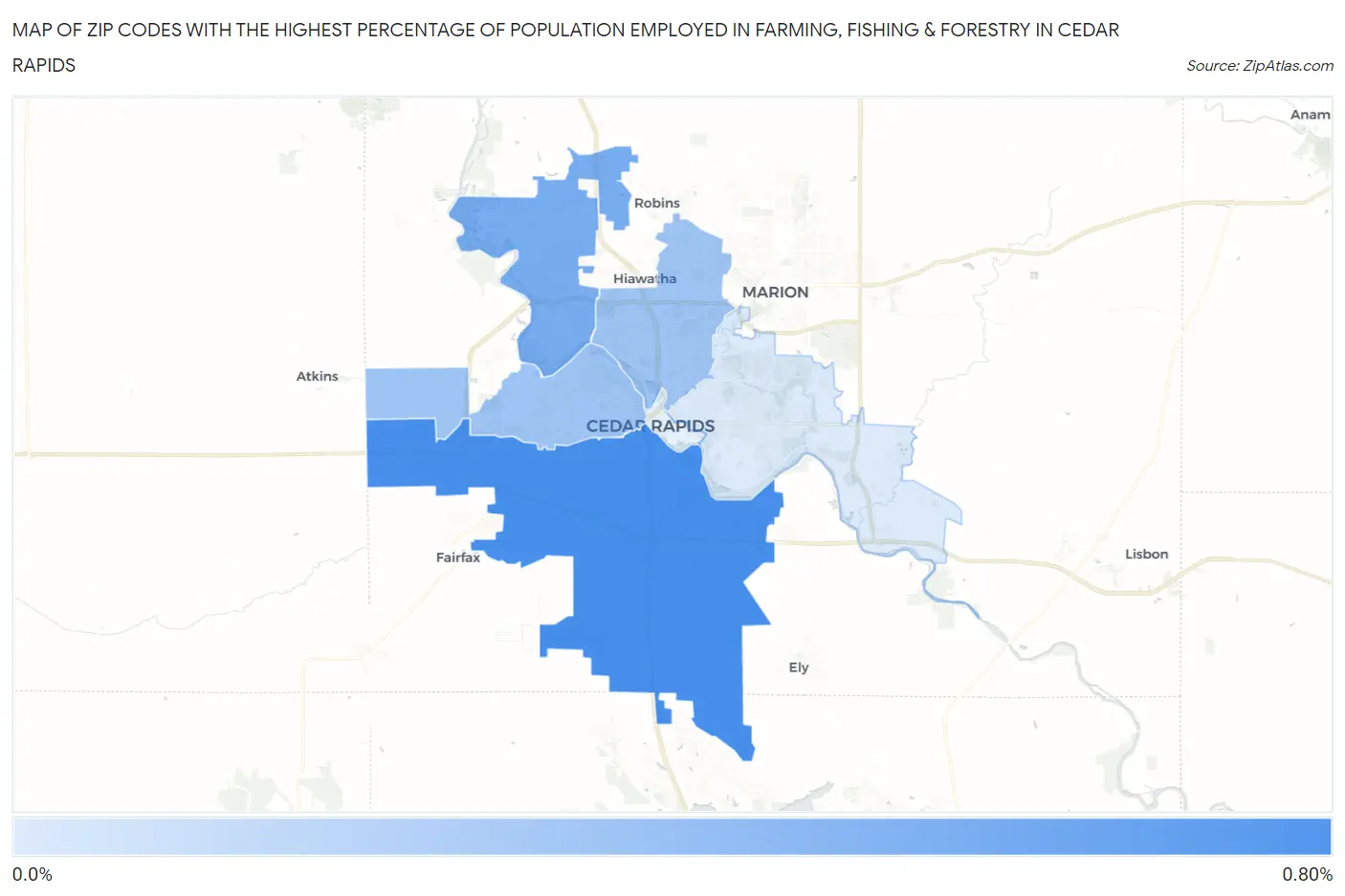 Zip Codes with the Highest Percentage of Population Employed in Farming, Fishing & Forestry in Cedar Rapids Map