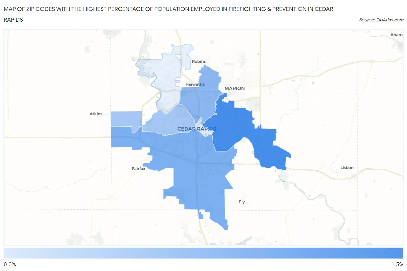 Zip Codes with the Highest Percentage of Population Employed in Firefighting & Prevention in Cedar Rapids Map