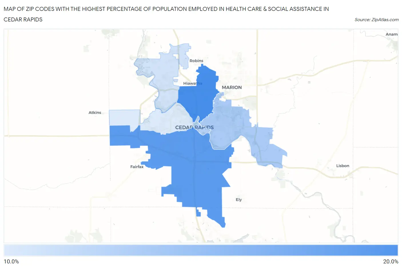 Zip Codes with the Highest Percentage of Population Employed in Health Care & Social Assistance in Cedar Rapids Map