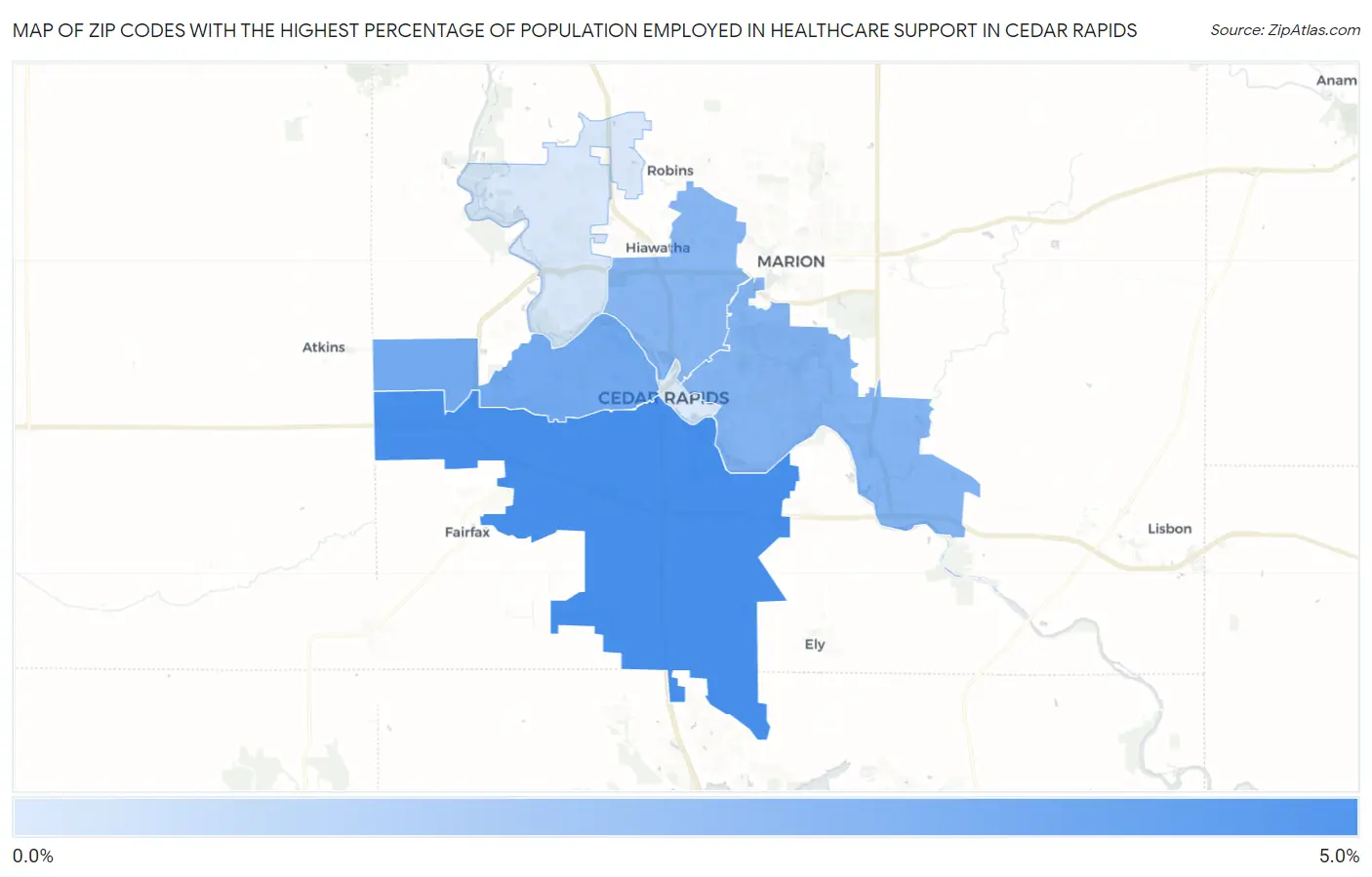 Zip Codes with the Highest Percentage of Population Employed in Healthcare Support in Cedar Rapids Map