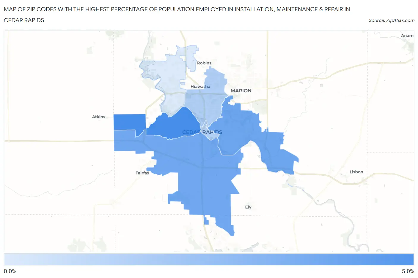 Zip Codes with the Highest Percentage of Population Employed in Installation, Maintenance & Repair in Cedar Rapids Map
